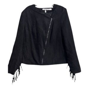 WD.NY Black Suede Fringe Jacket Size 1X Full Asymmetrical Zipper Chic Boho